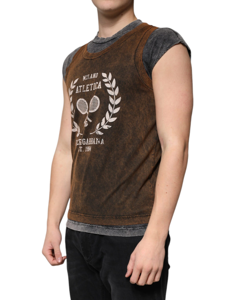 Camiseta marrón sin mangas de algodón de Dolce & Gabbana, cuello redondo