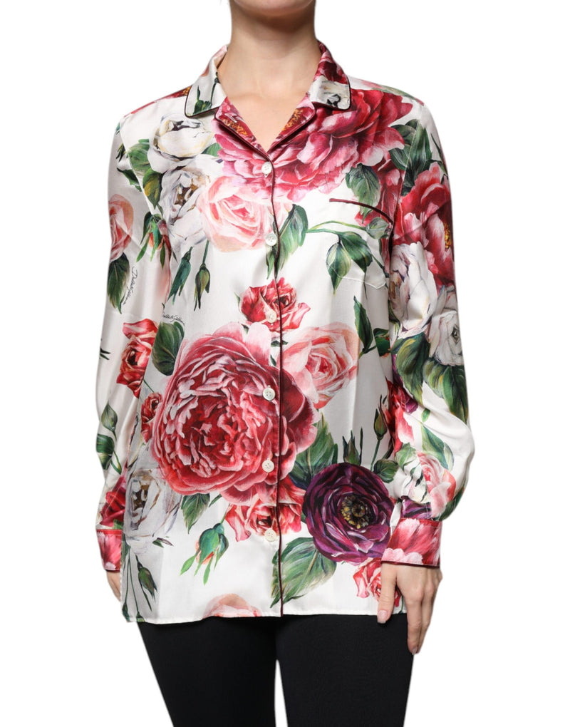 Blusa de seda blanca con peonías, de manga larga y cuello, de Dolce & Gabbana