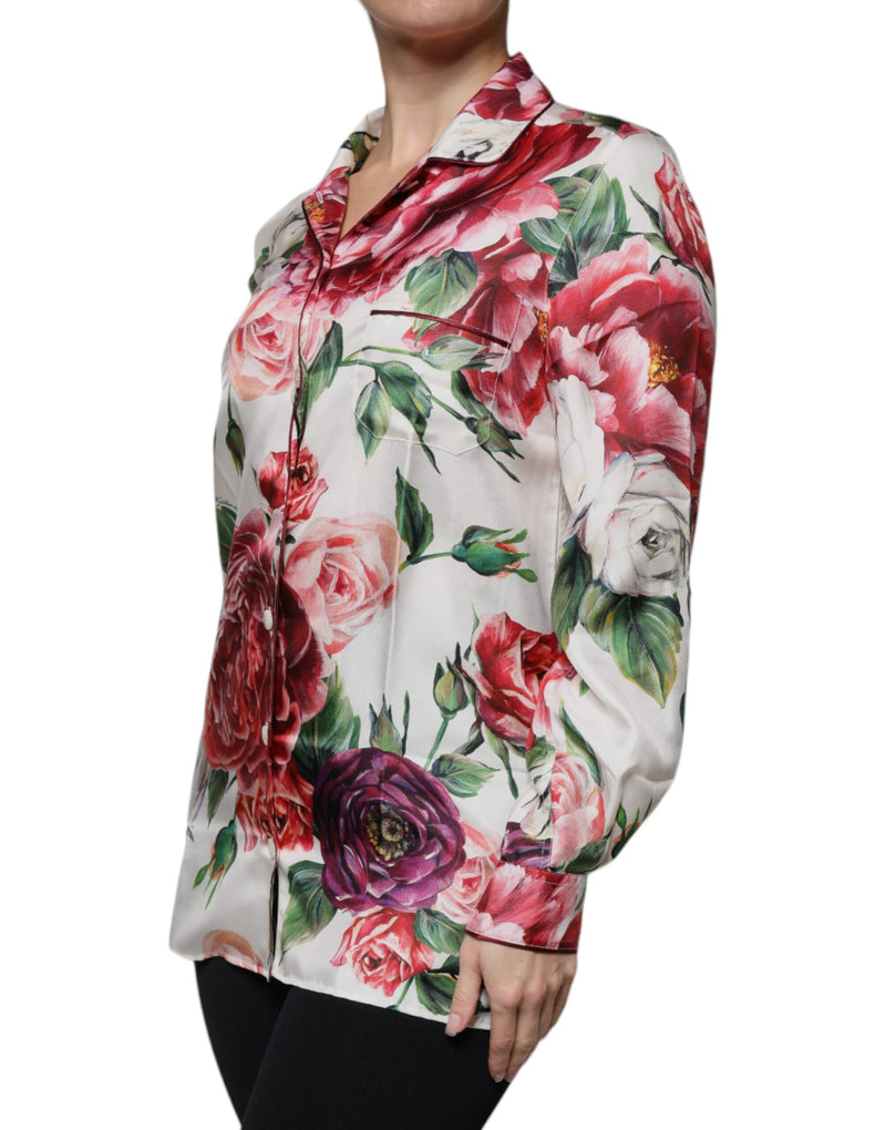 Blusa de seda blanca con peonías, de manga larga y cuello, de Dolce & Gabbana