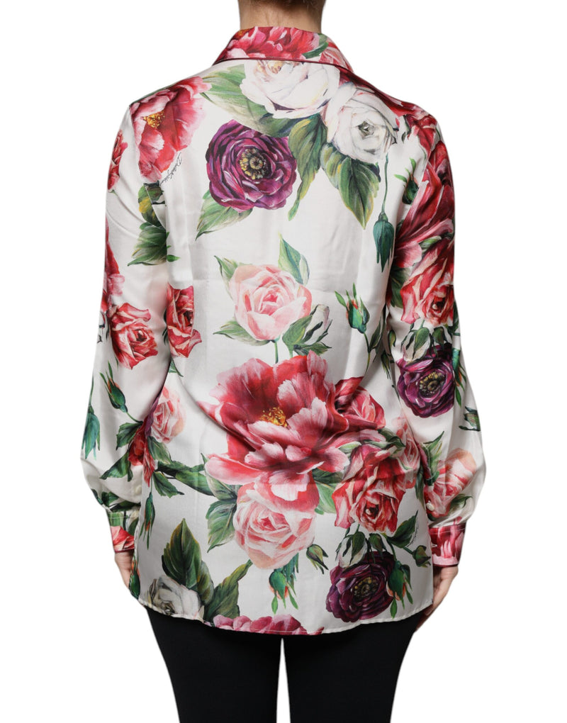 Blusa de seda blanca con peonías, de manga larga y cuello, de Dolce & Gabbana