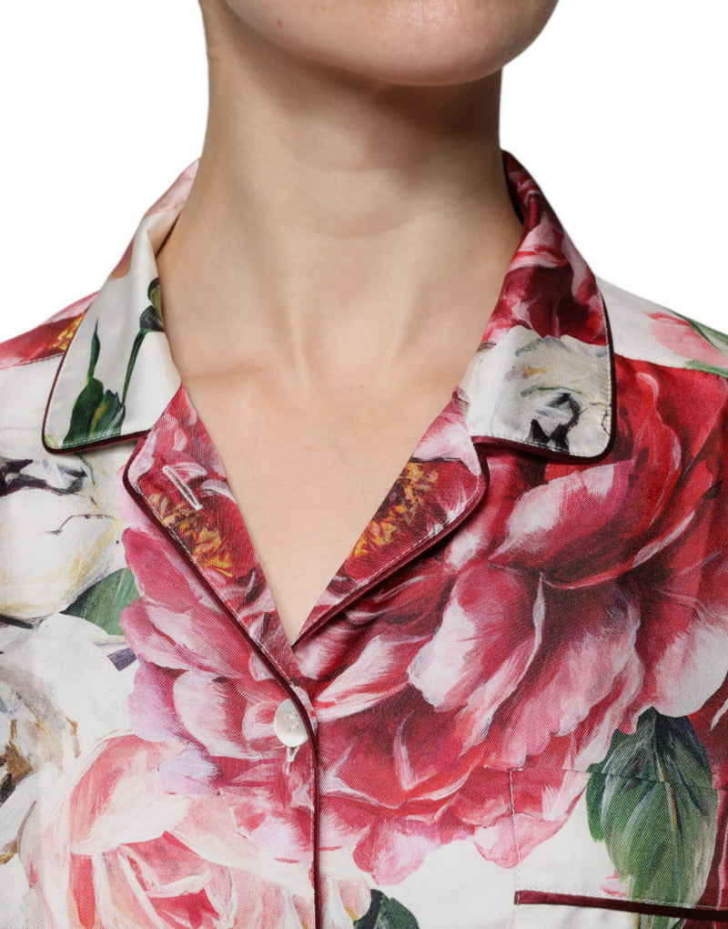 Blusa de seda blanca con peonías, de manga larga y cuello, de Dolce & Gabbana