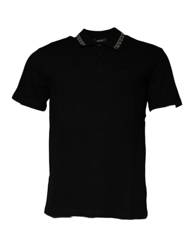 T-shirt noir en viscose à col polo et manches courtes Versace