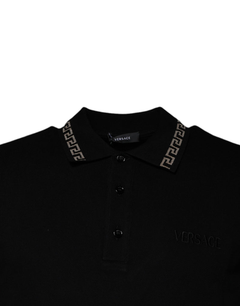 T-shirt noir en viscose à col polo et manches courtes Versace