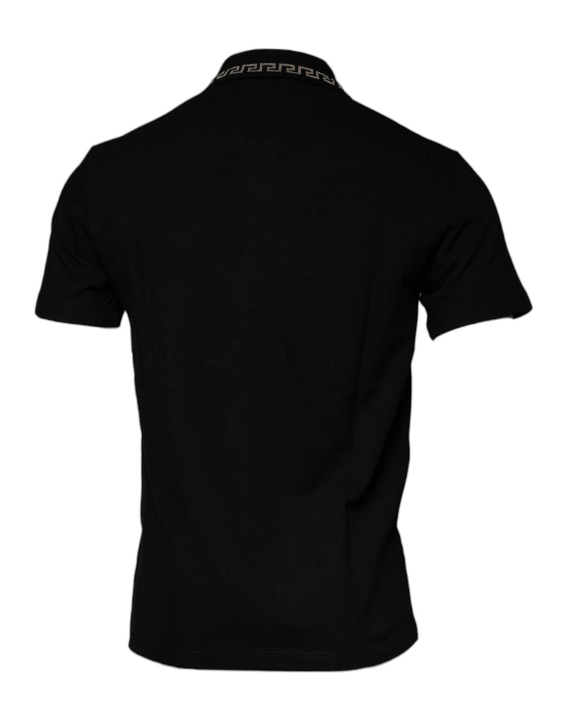 T-shirt noir en viscose à col polo et manches courtes Versace