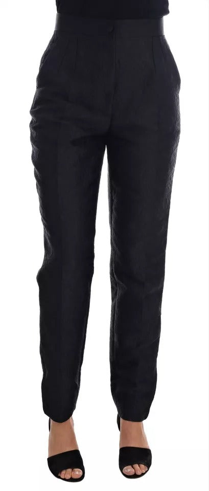 Pantalon taille haute en brocart à fleurs noir Dolce & Gabbana