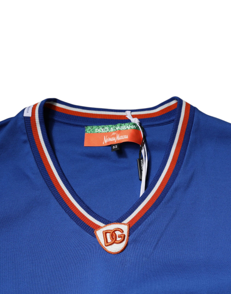 T-shirt bleu à col en V et manches courtes avec logo Dolce & Gabbana