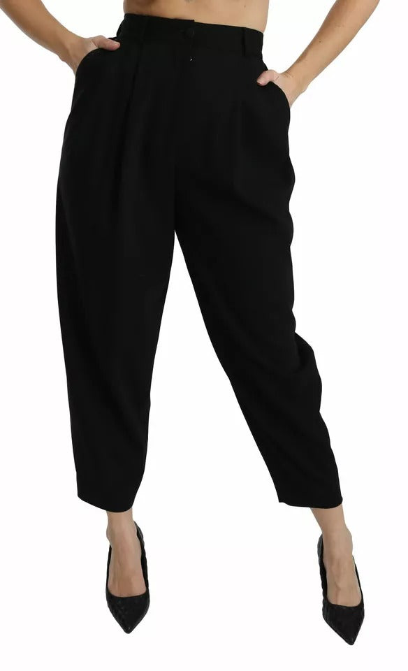 Calça cropped Dolce & Gabbana preta de lã, cintura alta e pregas frontais