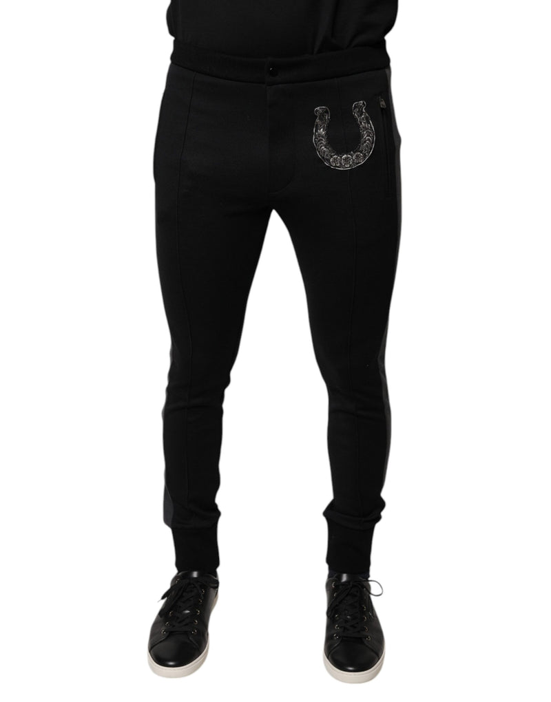 Pantalon slim en laine noire orné de fers à cheval Dolce & Gabbana
