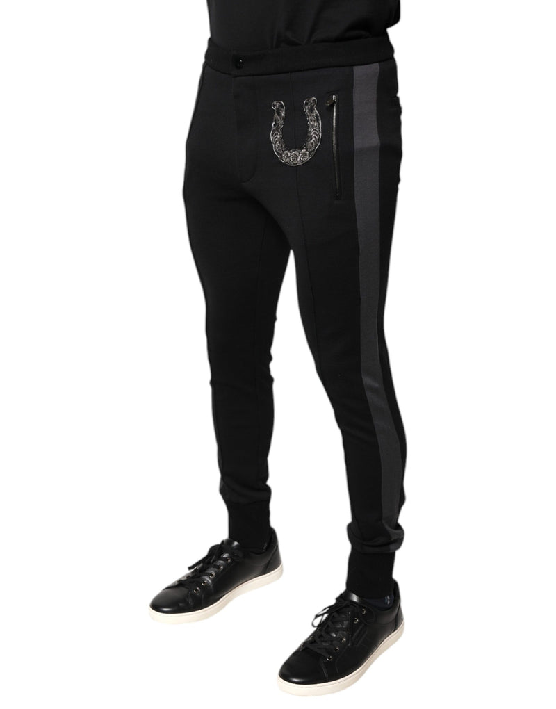 Pantalon slim en laine noire orné de fers à cheval Dolce & Gabbana