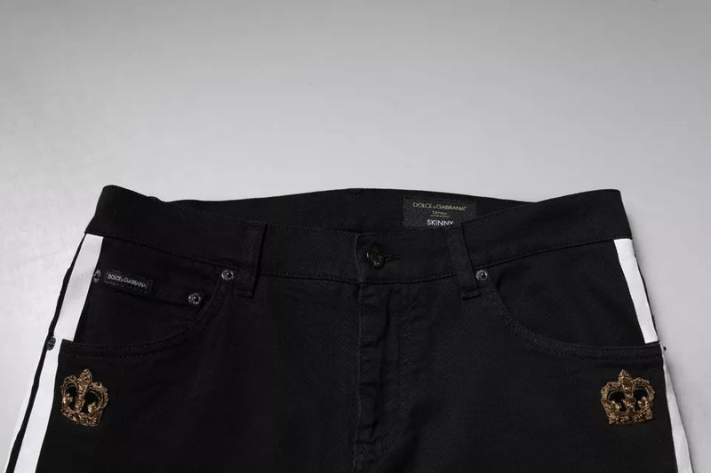Jean skinny en denim noir à couronne Dolce & Gabbana, doublure blanche