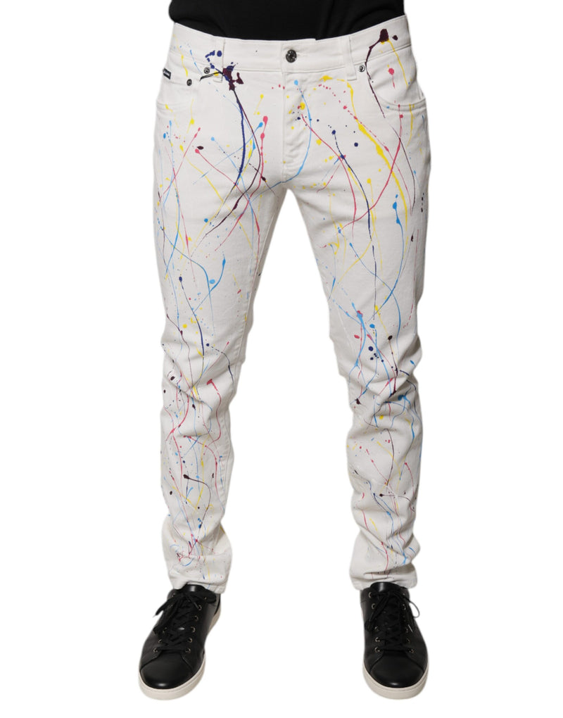 Jean skinny en denim blanc à imprimé éclaboussures de couleurs Dolce & Gabbana