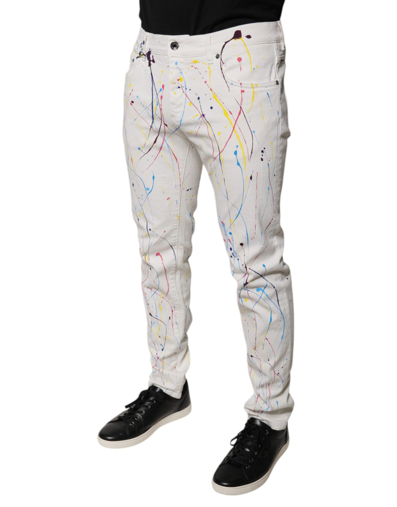 Jean skinny en denim blanc à imprimé éclaboussures de couleurs Dolce & Gabbana