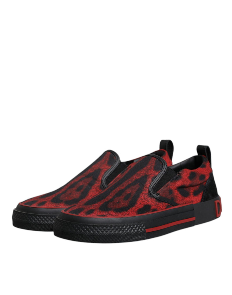 Tênis masculinos de cano baixo em algodão vermelho e preto com estampa de leopardo Dolce & Gabbana