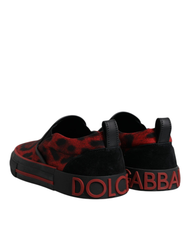 Tênis masculinos de cano baixo em algodão vermelho e preto com estampa de leopardo Dolce & Gabbana