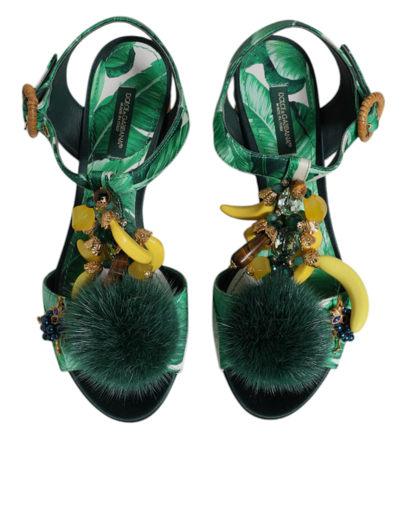 Sandalias verdes con adornos de cristal y pelo de Dolce & Gabbana