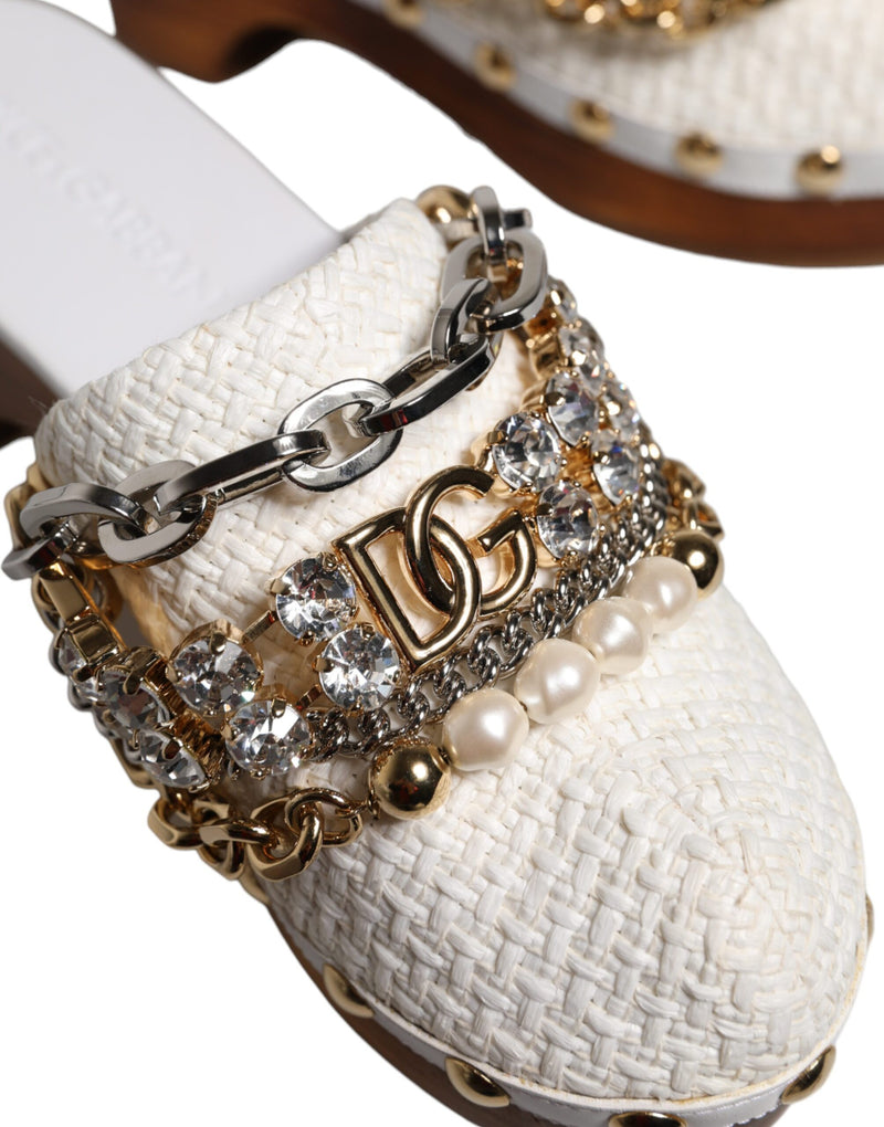 Dolce & Gabbana White Raffia Clogs Bejeweled Chain Sandals Shoes