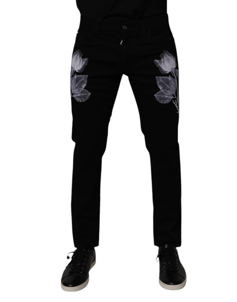 Vaqueros pitillo de algodón negro con flores para hombre de Dolce & Gabbana