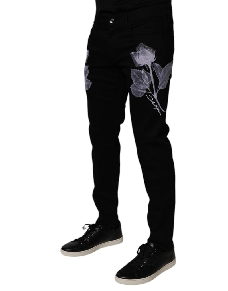 Vaqueros pitillo de algodón negro con flores para hombre de Dolce & Gabbana