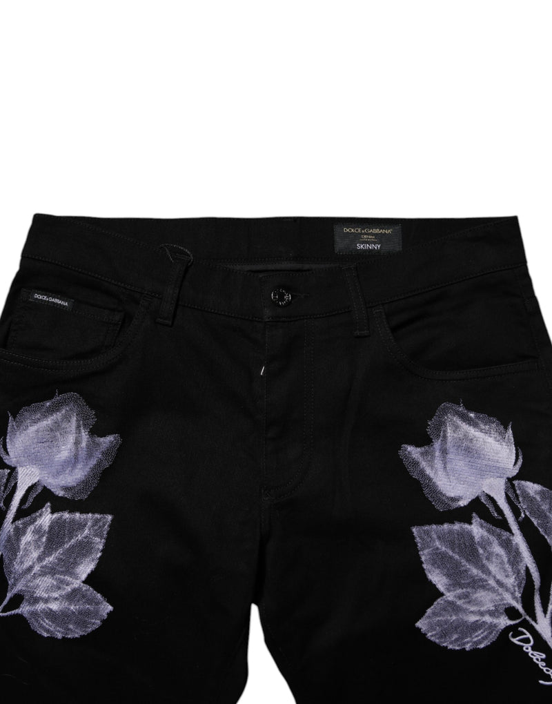 Vaqueros pitillo de algodón negro con flores para hombre de Dolce & Gabbana