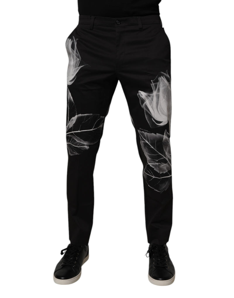 Pantalones formales ajustados de algodón negro con estampado floral de Dolce & Gabbana