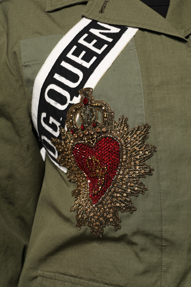 Manteau-veste vert militaire orné du motif Queen Dolce & Gabbana