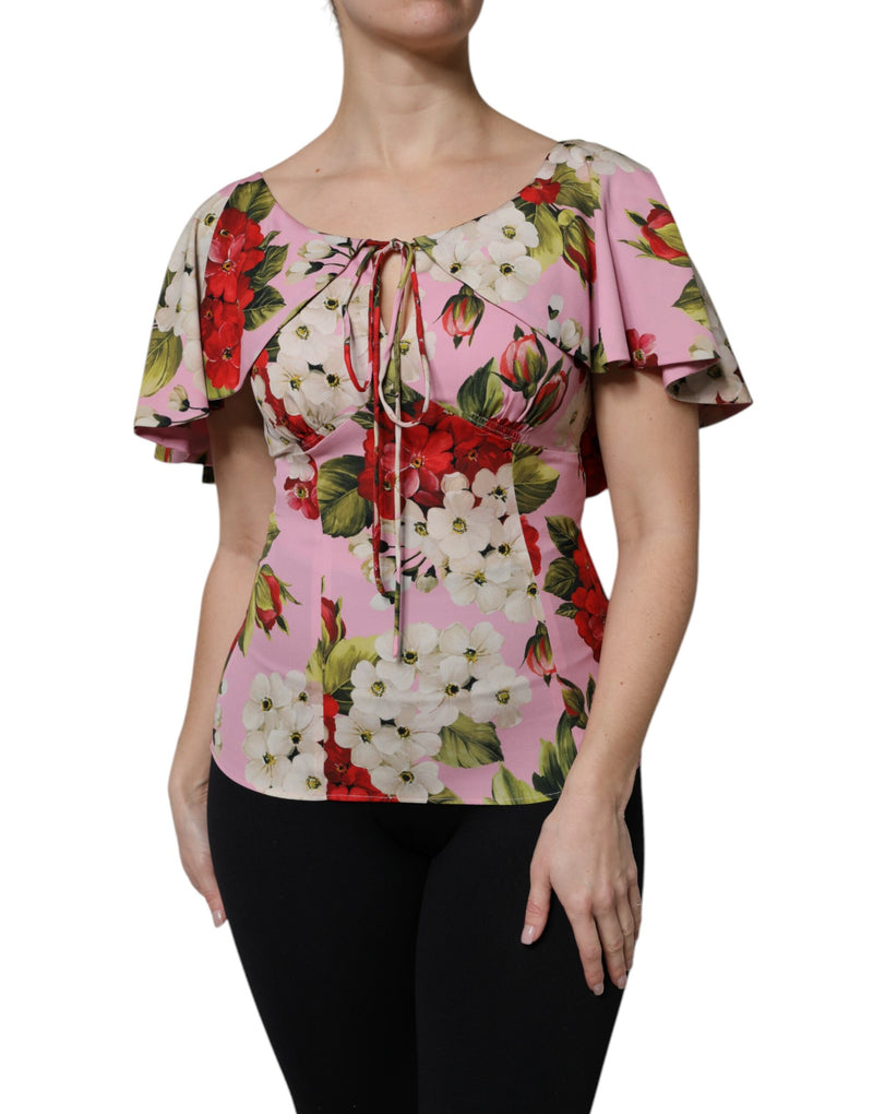 Blusa rosa de seda con estampado floral y mangas cortas de Dolce & Gabbana