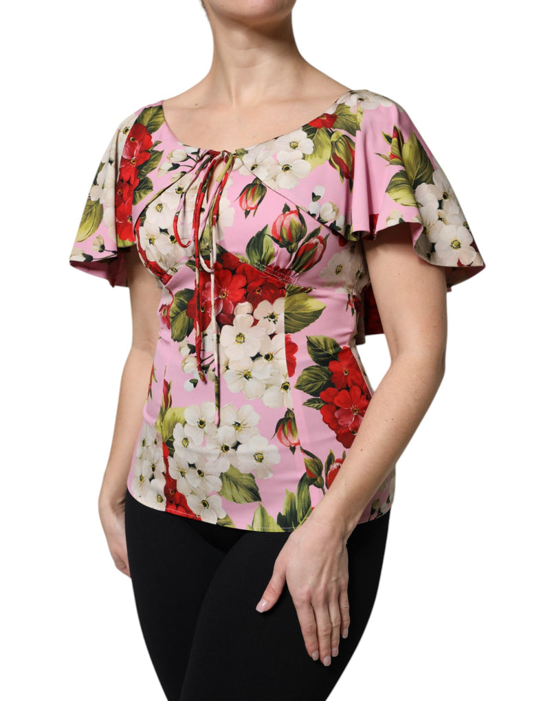 Blusa rosa de seda con estampado floral y mangas cortas de Dolce & Gabbana