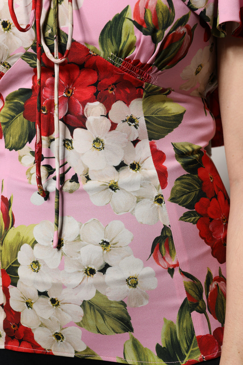 Blusa rosa de seda con estampado floral y mangas cortas de Dolce & Gabbana