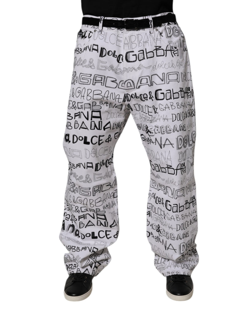 Dolce & Gabbana White Logo Print Straight Men Denim Jeans