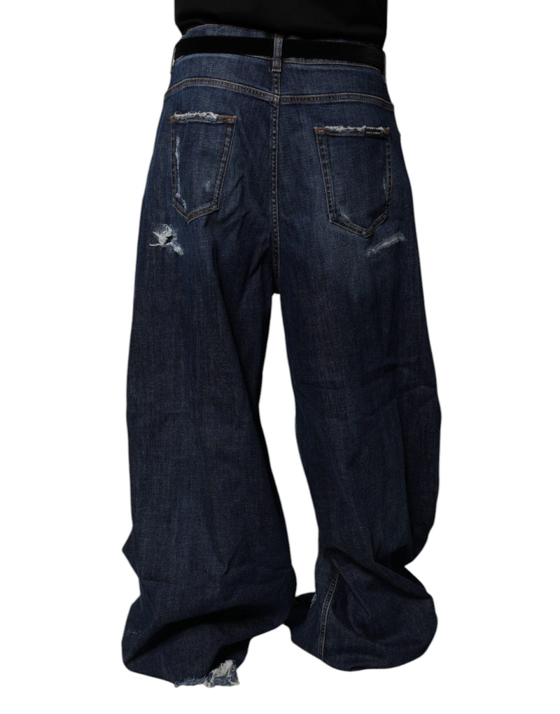 Dolce & Gabbana Dark Blue Tattered Wide Leg Men Denim Jeans
