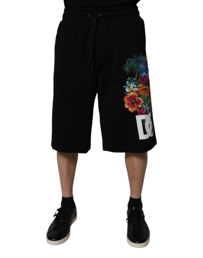 Bermuda de algodão preta com logotipo e estampa floral Dolce & Gabbana