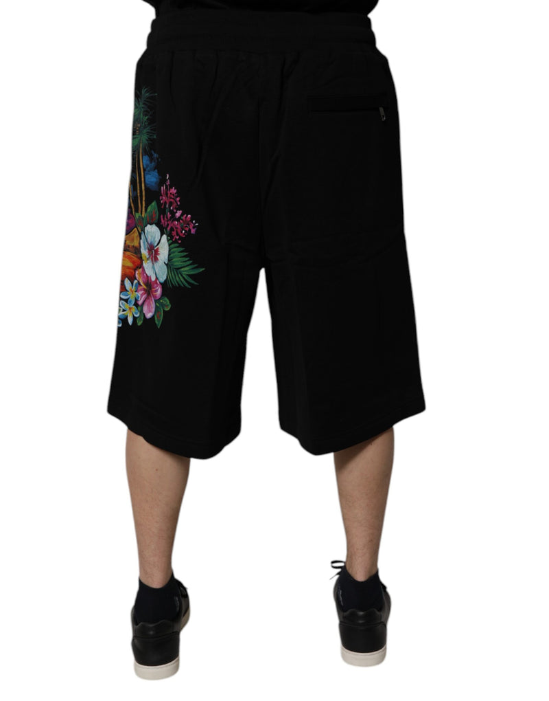 Bermuda de algodão preta com logotipo e estampa floral Dolce & Gabbana