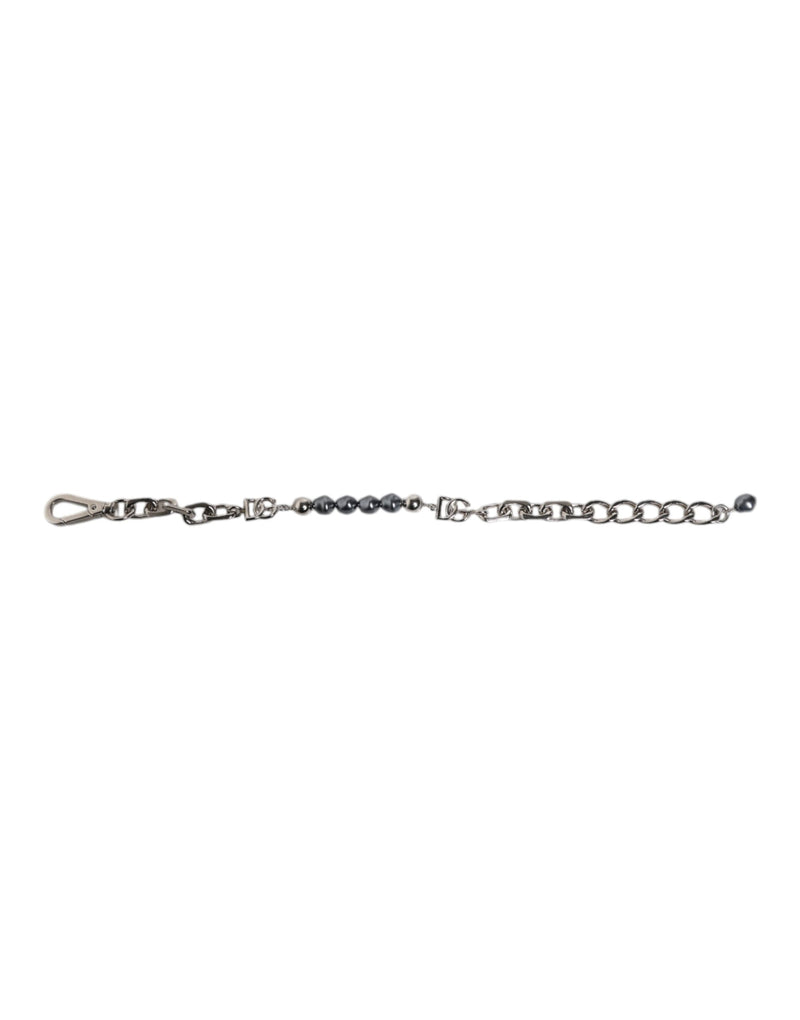 Bracelet Dolce & Gabbana avec chaîne argentée, fermoir mousqueton, logo et perles grises