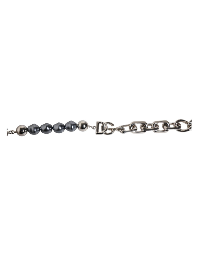 Bracelet Dolce & Gabbana avec chaîne argentée, fermoir mousqueton, logo et perles grises