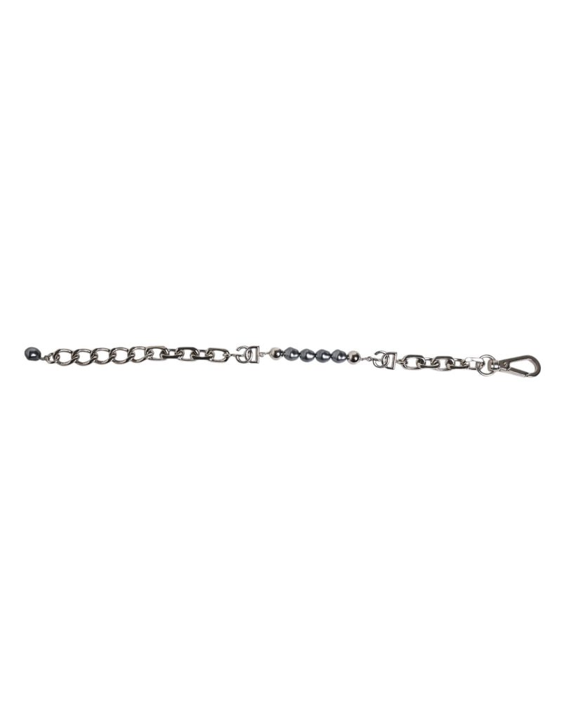 Bracelet Dolce & Gabbana avec chaîne argentée, fermoir mousqueton, logo et perles grises