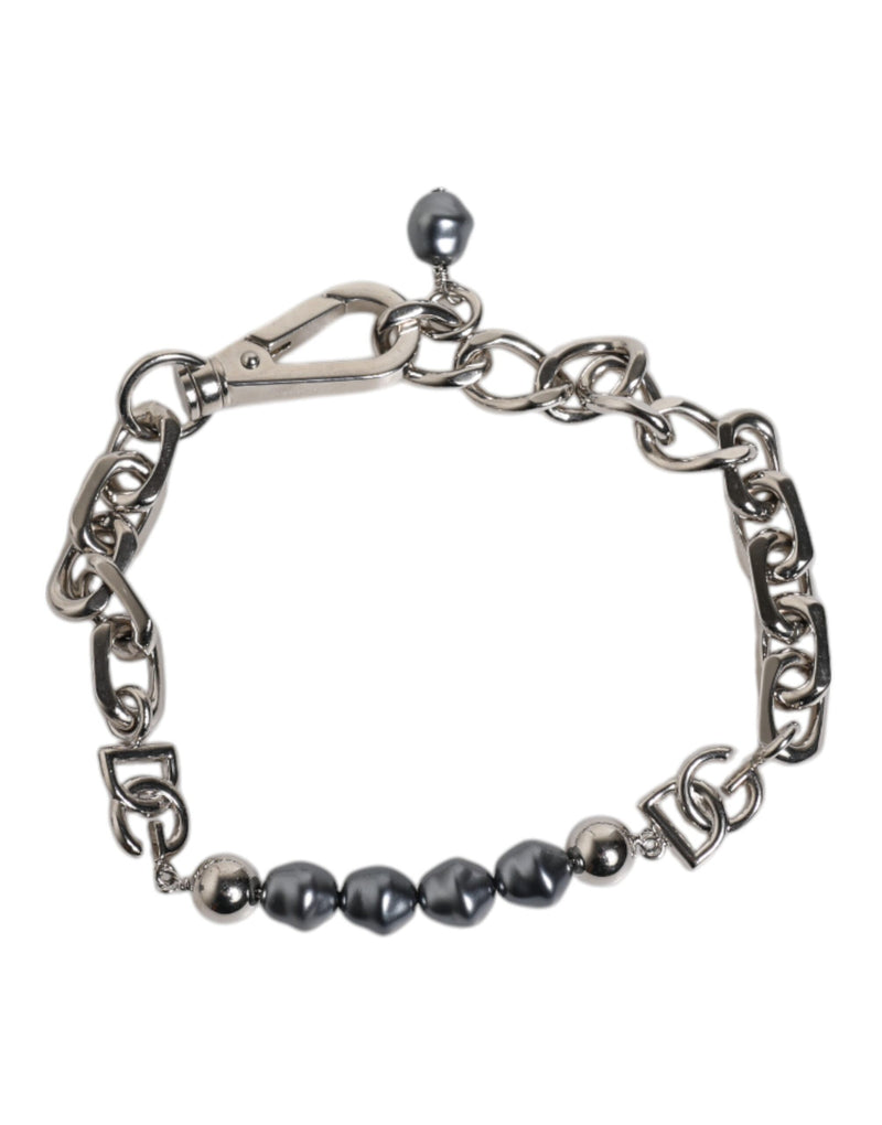 Bracelet Dolce & Gabbana avec chaîne argentée, fermoir mousqueton, logo et perles grises