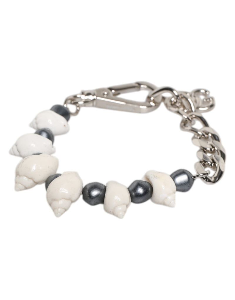 Pulseira de latão em tom prateado com contas, concha e pingente com logo DG Dolce & Gabbana
