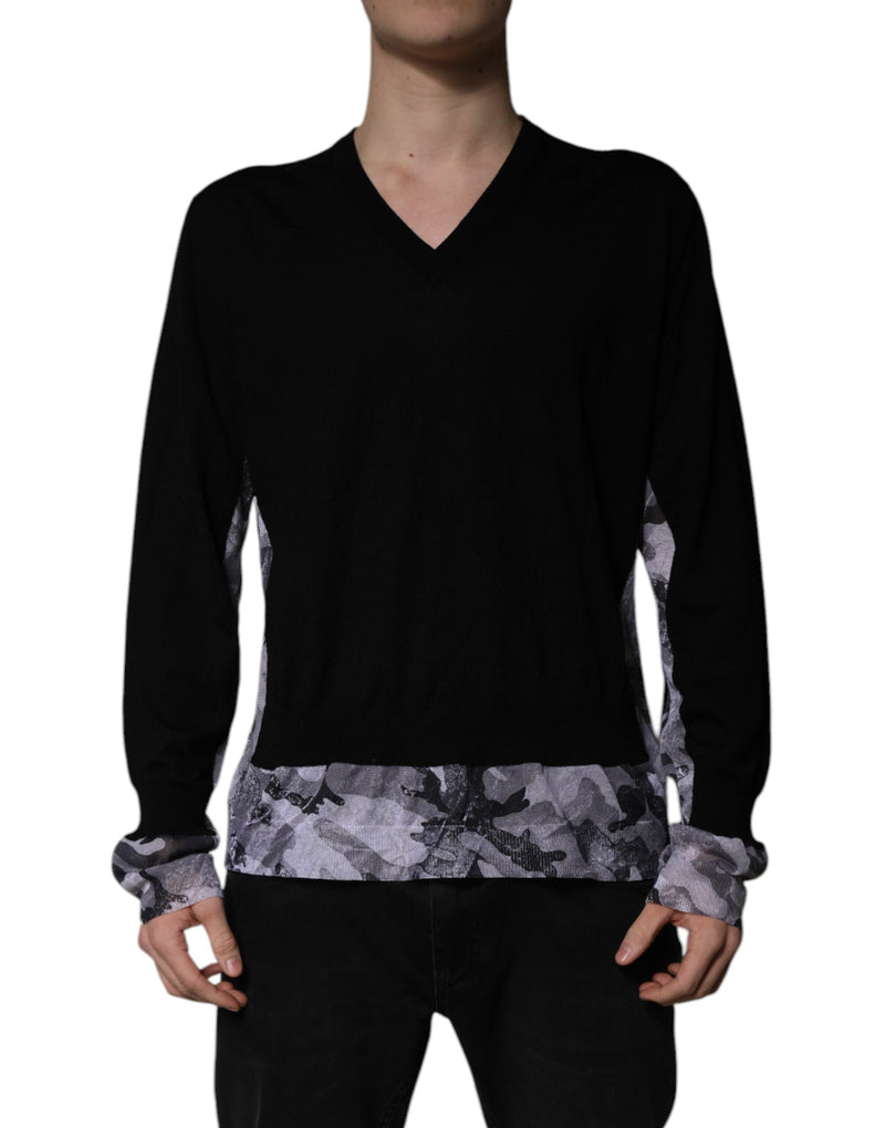 Suéter de punto en V de camuflaje negro de Dolce & Gabbana