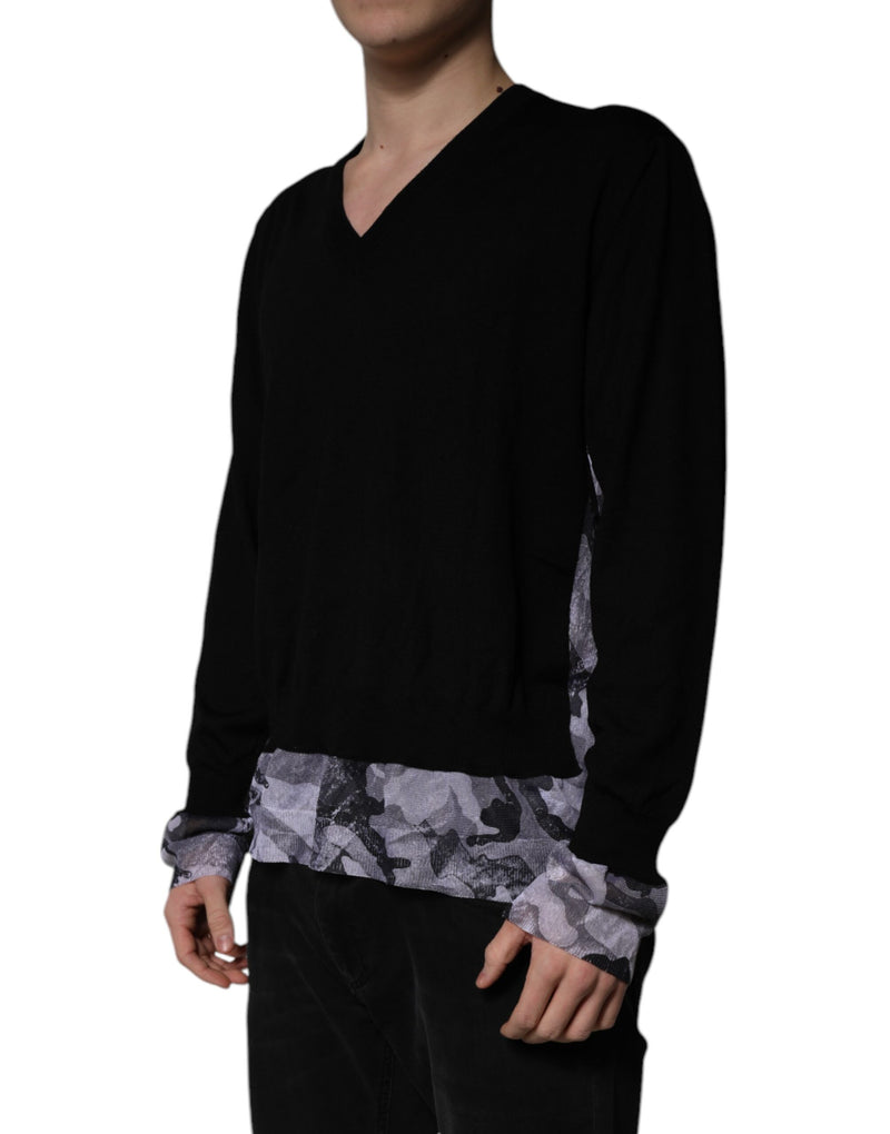 Suéter de punto en V de camuflaje negro de Dolce & Gabbana