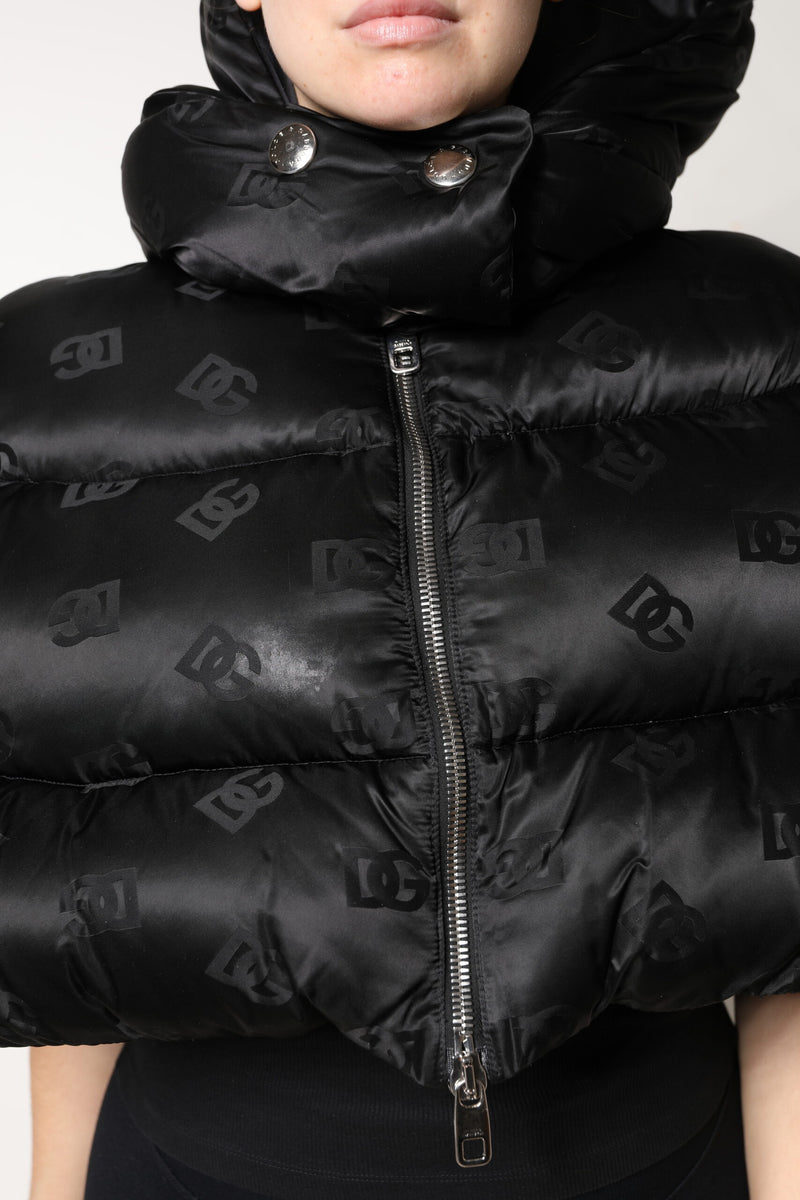 Jaqueta cropped preta acolchoada com capuz e zíper integral Dolce & Gabbana