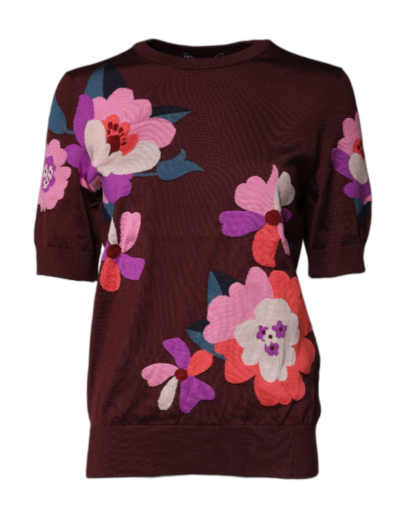 Blusa de seda com estampa floral vinho e gola redonda Dolce & Gabbana