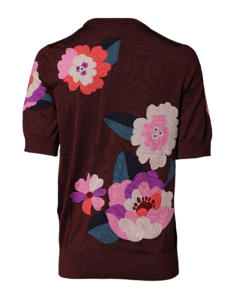 Blusa de seda com estampa floral vinho e gola redonda Dolce & Gabbana