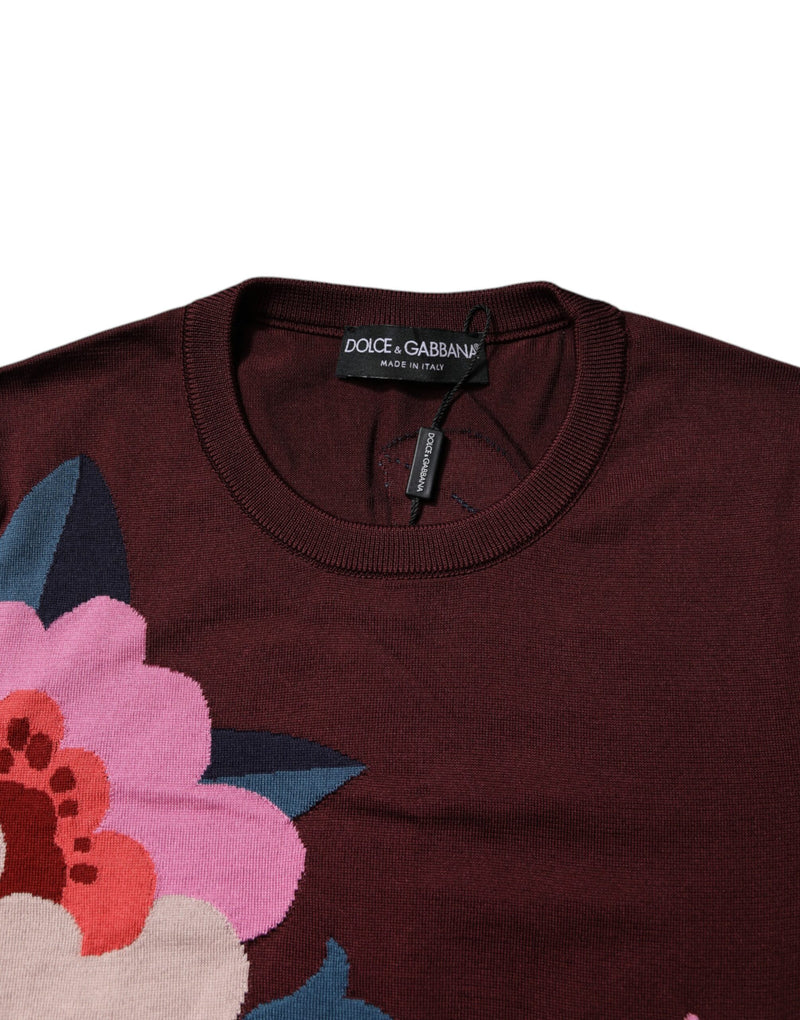 Blusa de seda com estampa floral vinho e gola redonda Dolce & Gabbana