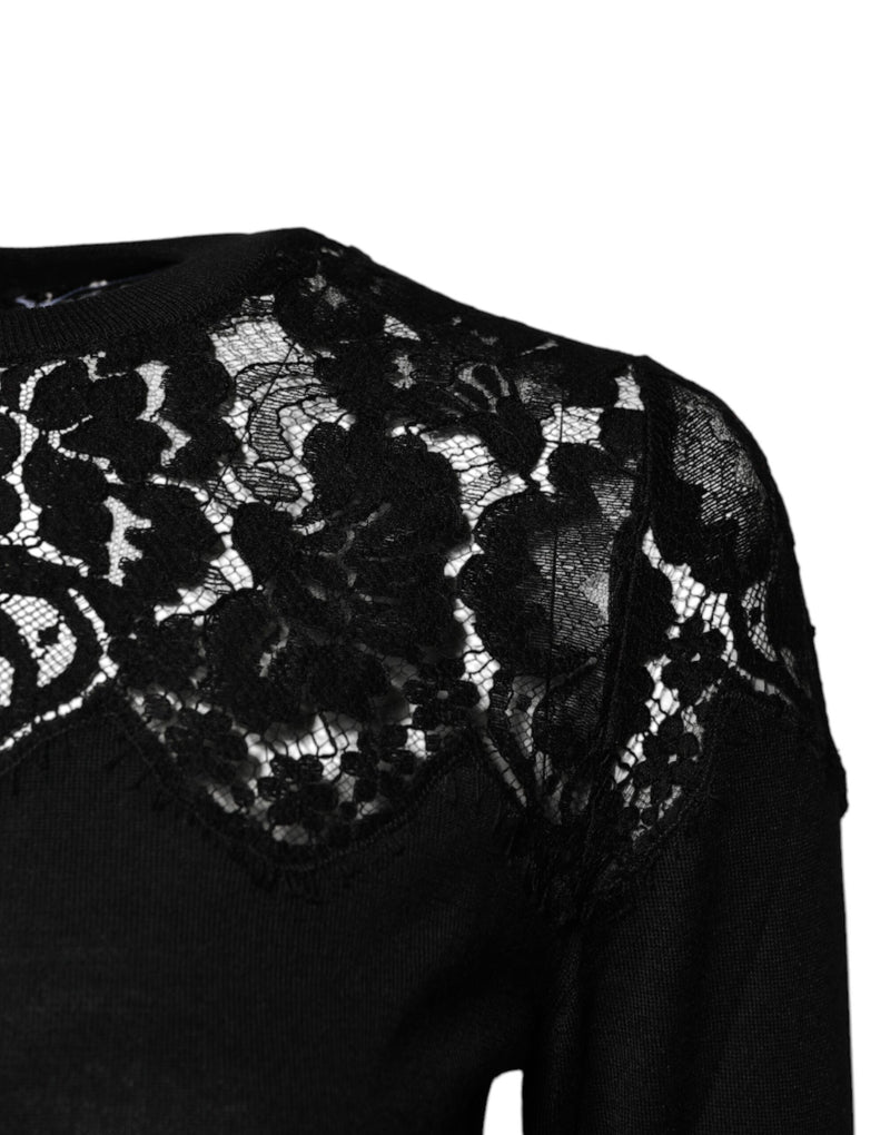 Blusa negra de encaje floral y manga larga de Dolce & Gabbana