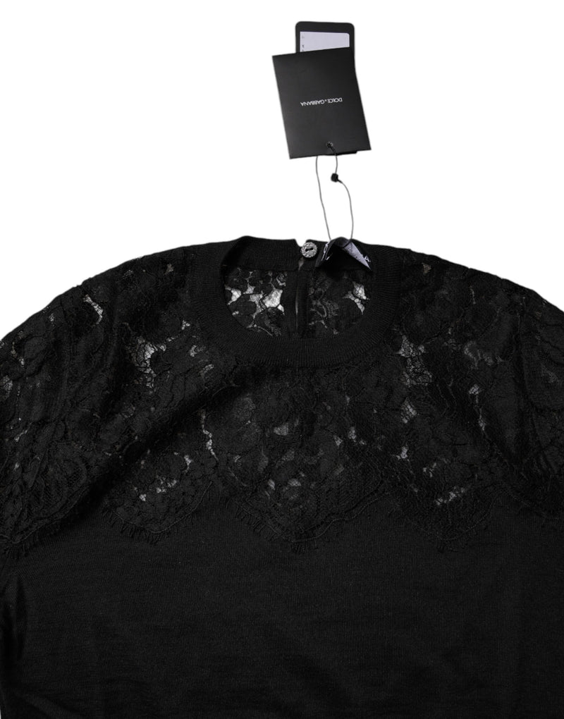Blusa negra de encaje floral y manga larga de Dolce & Gabbana