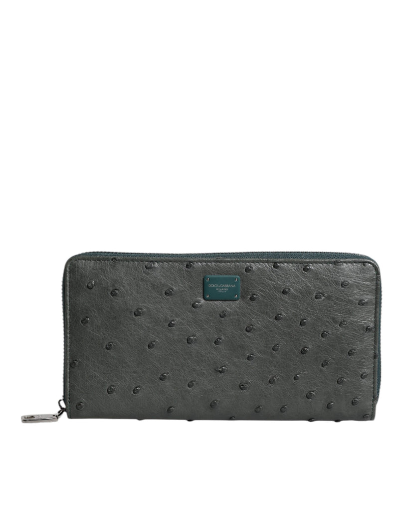 Cartera continental verde de piel de avestruz de Dolce & Gabbana con placa del logotipo y cierre perimetral