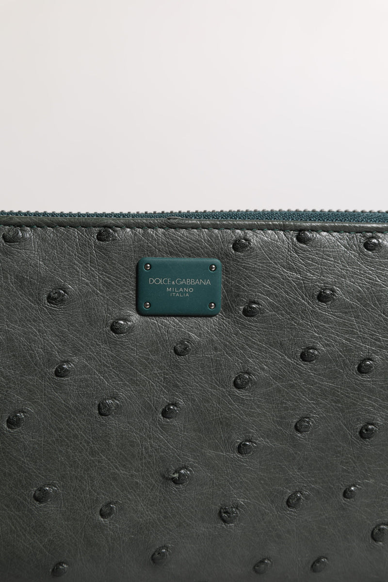 Cartera continental verde de piel de avestruz de Dolce & Gabbana con placa del logotipo y cierre perimetral