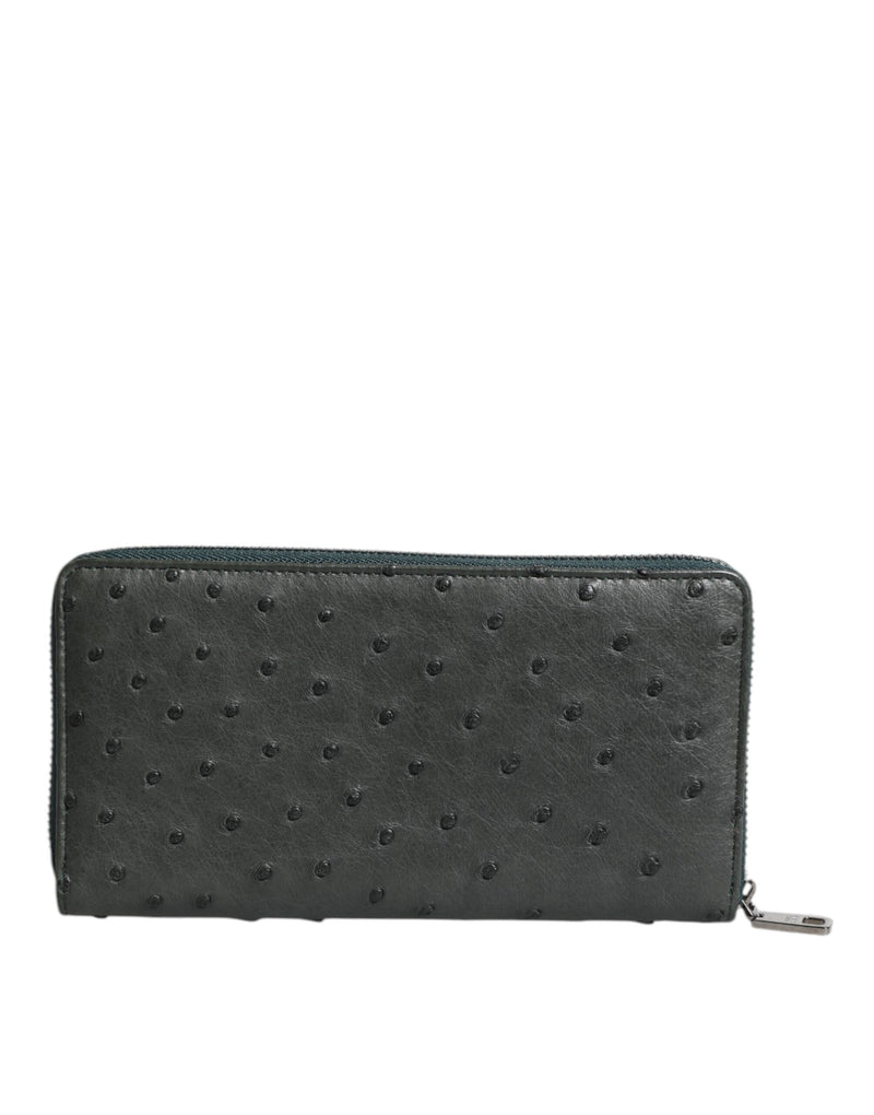 Cartera continental verde de piel de avestruz de Dolce & Gabbana con placa del logotipo y cierre perimetral