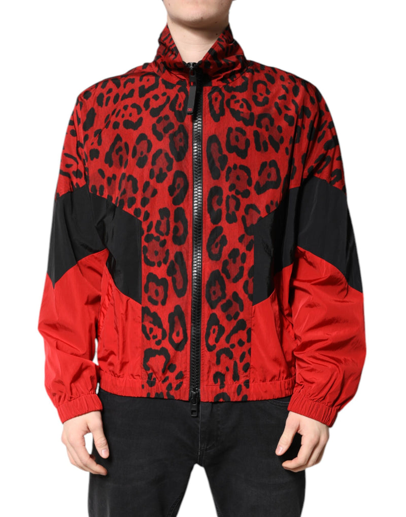 Chaqueta bomber de Dolce & Gabbana en nailon rojo con estampado de leopardo y cierre frontal de cremallera completa