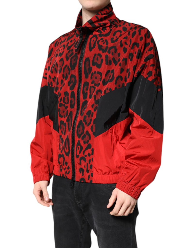 Chaqueta bomber de Dolce & Gabbana en nailon rojo con estampado de leopardo y cierre frontal de cremallera completa
